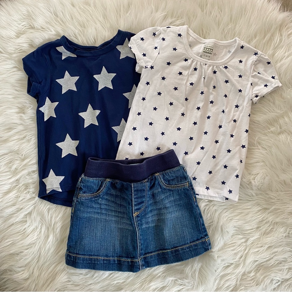 Patriotic Old Navy White and Navy Star Tees and Denim Skirt Outfit Set